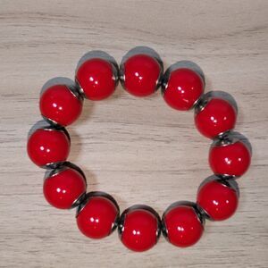 Red Beaded Stretch Bracelet Silver Tone Spacer Bold Statement Jewelry